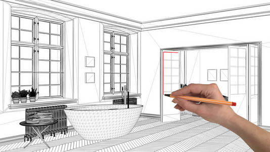 室内设计项目概念手绘定制建筑黑白墨水草图蓝图显示经典浴室与浴缸
