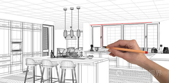 室内设计项目概念手绘定制建筑黑白水墨素描蓝图,展示当代厨房与海岛