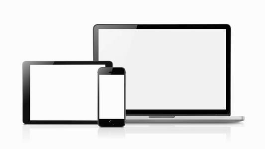 笔记本电脑智能手机和平板电脑模型与空白屏幕隔离在白色背景概念模型。 文本的共空间。