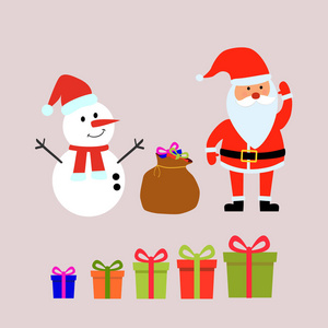 圣诞快乐，新年快乐圣诞老人，礼品袋，雪人，礼品盒，背景矢量插图隔离