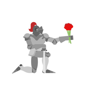 骑士单膝站立,鲜花簇拥.情人节.2月14日插图照片