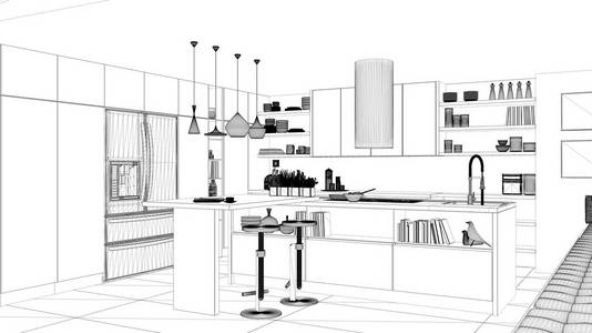 室内设计项目，黑白墨水素描，建筑蓝图显示当代厨房与岛屿和凳子