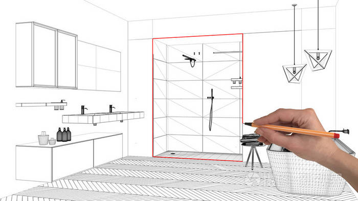 室内设计项目理念,手绘定制建筑,黑白水墨素描,蓝图展