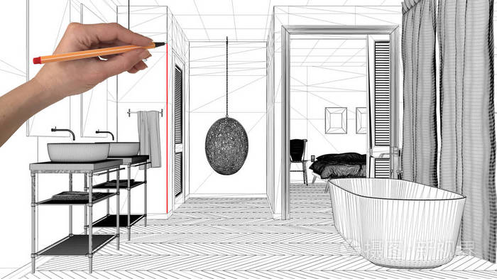 室内设计项目理念，手绘定制建筑，黑白水墨素描，蓝图展示带浴缸的现代化浴室