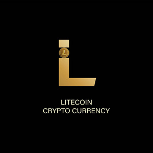 莱特科因。 大写字母l和物理硬币的符号。 黑暗背景下密码货币的黄金标志。 金融技术的密码学插图。 用于标识打印产品。