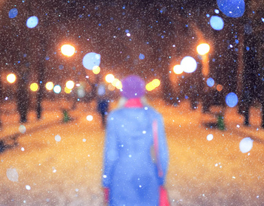落雪时公园视野模糊，有灯光