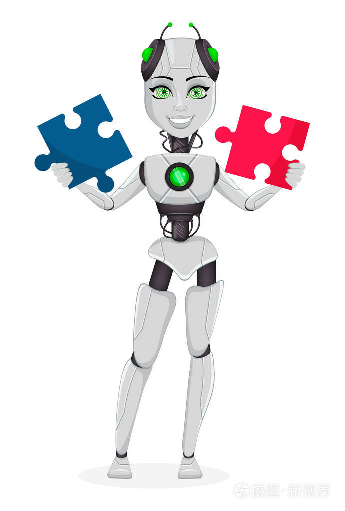 人工智能机器人女性机器人. 可爱的卡通人物拿着两块拼图.