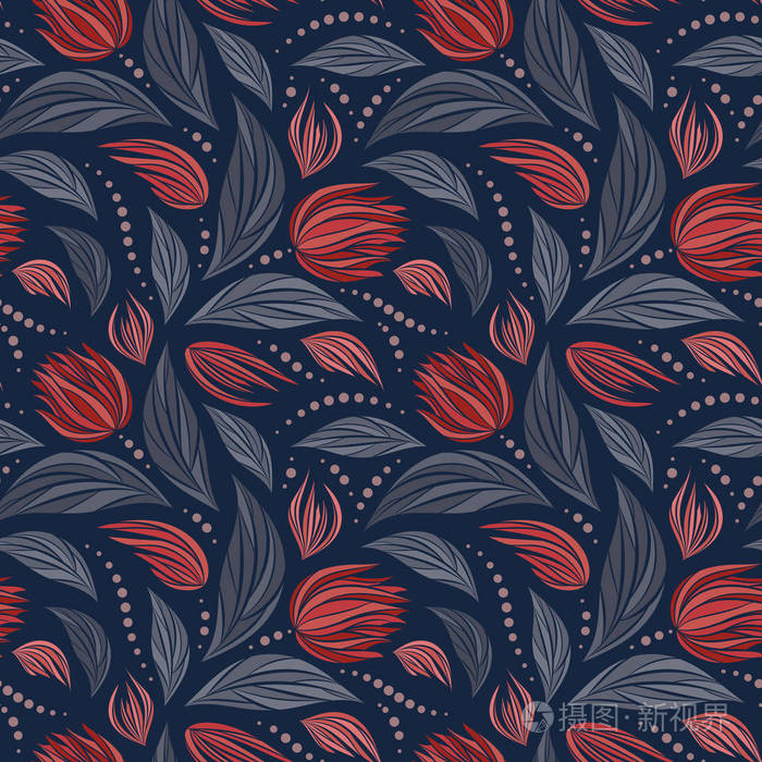 无缝矢量花卉图案,抽象红花在深蓝色背景上,用于织物,纺织或壁纸设计