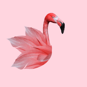 当代艺术拼贴。 粉红火烈鸟的概念。