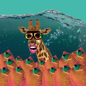 概念长颈鹿与潜水面具在深海. 一群鱼.摄影图