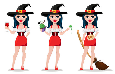 万圣节快乐。 女巫穿着漂亮的连衣裙和三种姿势的帽子。 可爱的卡通人物拿着一杯酒，拿着蛋糕，拿着扫帚。 矢量插图
