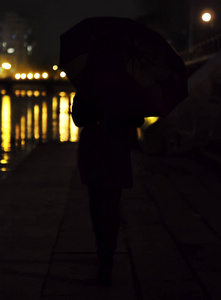 女人带伞走路的后视图