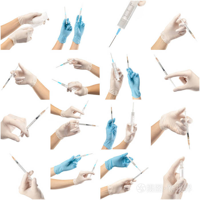 手与注射器隔离在白色背景拼贴.