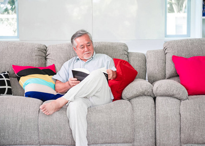 老人在客厅看书。 有白胡子的亚洲老人。 高级生活方式概念。