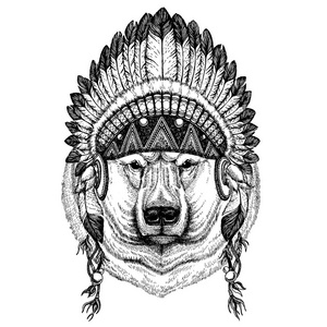 熊, 北极熊。野兽穿着 inidan 头饰与羽毛。波西米亚别致的风格插图为纹身, 徽章, 徽章, 标志, 补丁。儿童服装