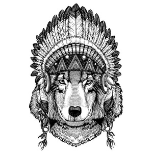 野狼, 狗。戴着羽毛的 inidan 头饰的动物。波西米亚别致的风格插图为纹身, 徽章, 徽章, 标志, 补丁。儿童服装