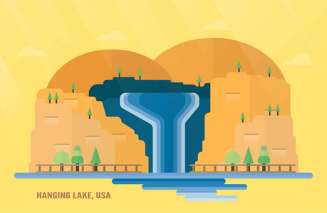 u.科罗拉多地标的状态，用于悬挂湖水和树木的旅行。 矢量插图与复制空间和闪光的黄色和橙色背景。