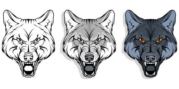 s head, wild animal, gray wolf in full growth, vector graphics t