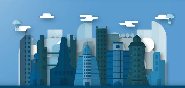 用蓝天和云彩弹出城市建筑和未来城市的设计。矢量插图与平面城市的剪纸风格。世界和大国市中心的地标趋势。