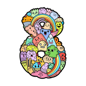 手拉涂鸦孩子们的号码.可爱的 monstred 数字, 数学符号照片