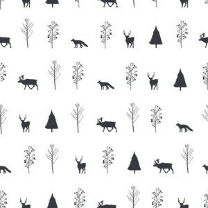 矢量图。 树木和狐狸的剪影背景。 矢量无缝图案。 织物印花元素。 纸张设计。