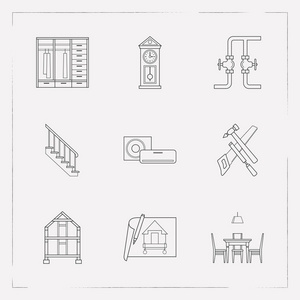 一套室内设计图标线风格符号与楼梯, 衣柜, 房屋规划和其他图标为您的 web 移动应用程序徽标设计