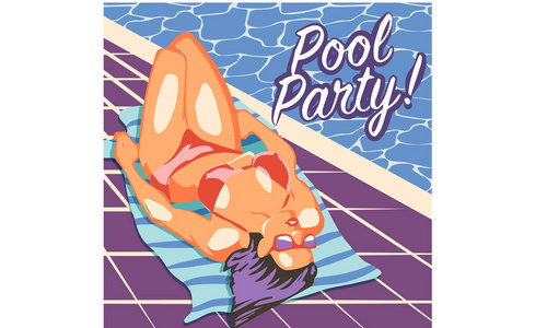 美丽的女人躺在游泳池附近的沙滩毛巾上，美丽的女孩暑假和夏令营海报旅行模板海报徽章矢量插图部分