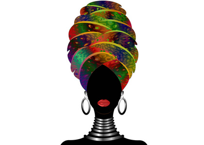 戴头巾的年轻黑人妇女的肖像。 动画非洲美女。 矢量彩色插图隔离。 传统的肯特头包AFRO。 印豹色图案头巾。 发型概念