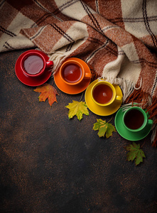 五颜六色的茶花格和叶子。 秋天的背景。 顶部视图
