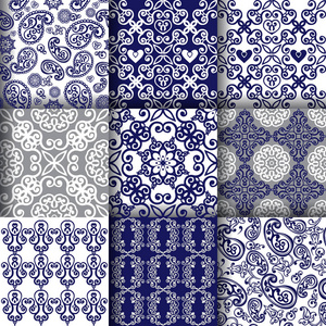 靛蓝颜色东方无缝装饰品的收藏。 靛蓝传统的佩斯利图案。 织物纺织包装纸的装饰装饰装饰背景。