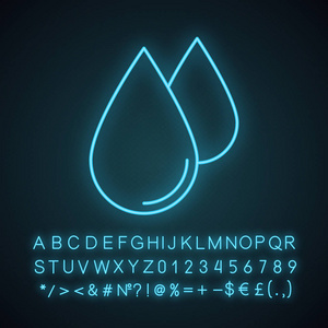 水滴与字母表数字和符号霓虹灯图标。