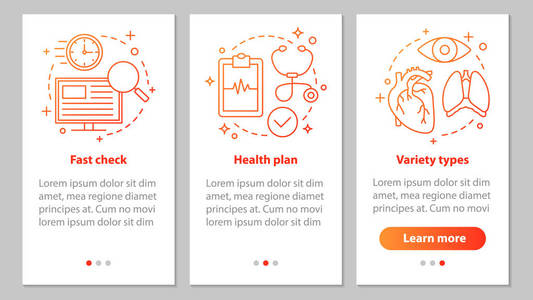 医疗和医疗服务入职移动应用程序页面屏幕与线性概念横幅。
