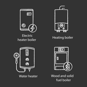 加热粉笔图标设置。 电锅炉燃气和电动无罐热水器固体燃料锅炉。
