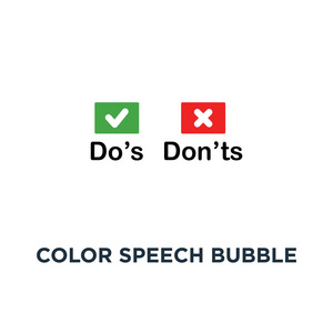 彩色语音气泡，如DoS和DON图标符号，并拒绝或接受评估测验概念，简单趋势，现代标志型平面设计上的白色