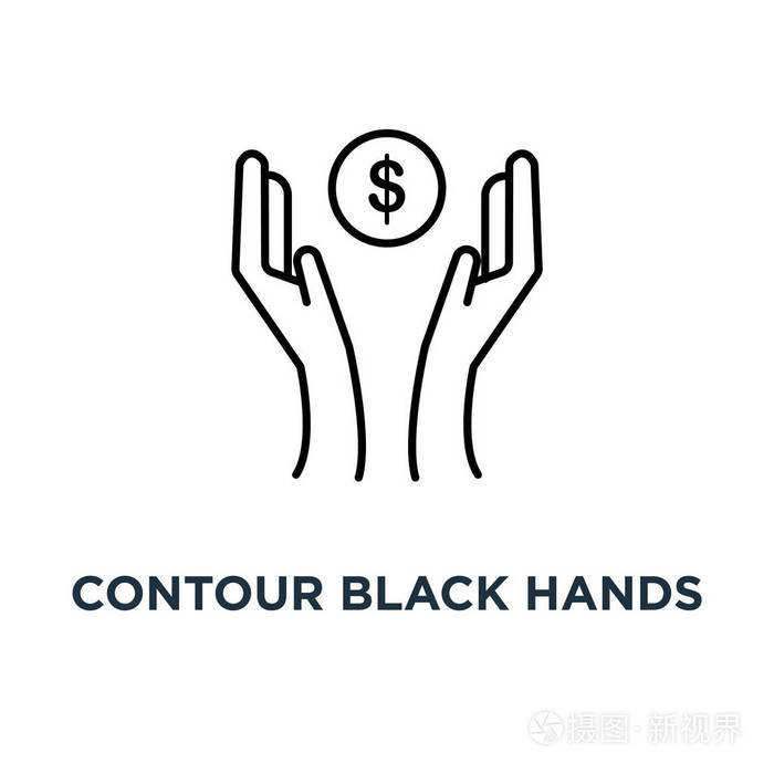 等高线黑手与美元硬币图标象征儿童零用钱或节省商业成功概念笔画风格