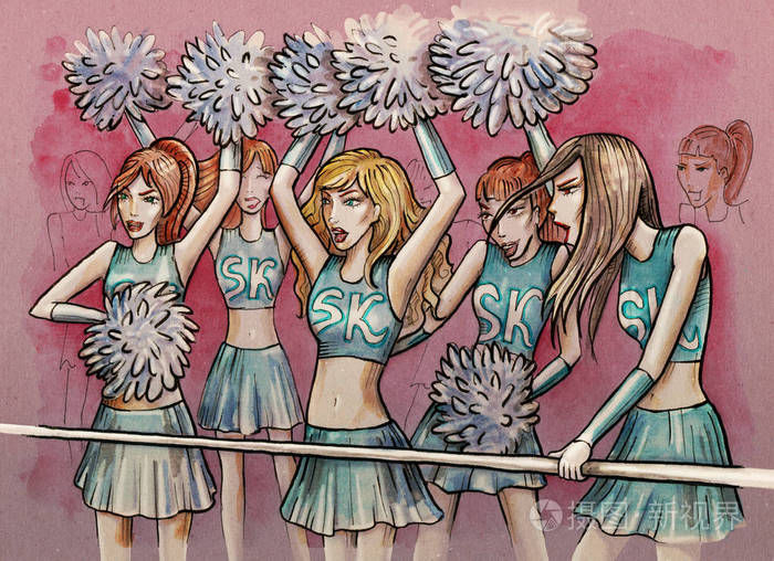 一群年轻的女粉丝. 数字彩色手绘插图