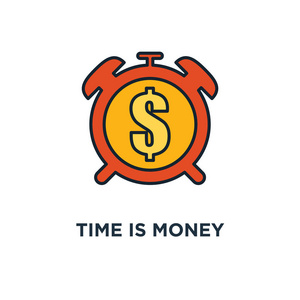 时间是金钱图标。 时钟和硬币货币利润和利益概念符号设计长期金融投资退休金储蓄未来收入年收入矢量图
