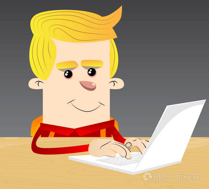 带笔记本电脑的男生矢量卡通人物插图