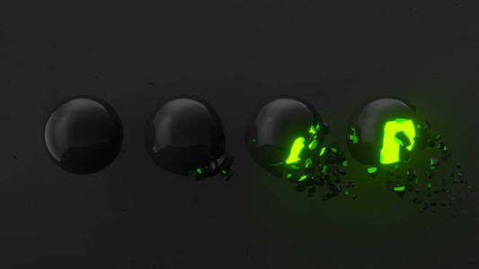 破碎的黑色球体，里面有绿色的光芒，黑色背景上的碎片掉落。 毁灭的概念。 抽象三维渲染插图。