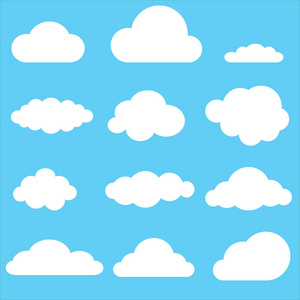 一套云。蓝色背景上的云图标。天气标志。卡通云标志。平的风格。语音气泡标志。天空云图标为您的网站设计，标志，应用程序，UI。蓝天白