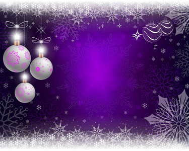 圣诞紫色背景与三白色球与雪花
