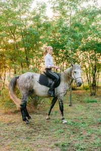 美丽的年轻姑娘，一头浅发，参加统一的比赛，微笑着，在秋天的日落中骑着一匹马