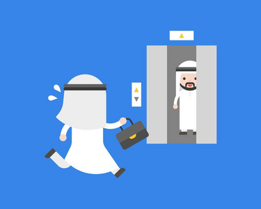 可爱的阿拉伯商人在关门前匆忙奔向电梯，平面设计，办公概念中的日常生活情况