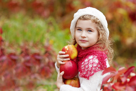 美丽的小女孩在秋天的花园里拿着苹果。 。 小女孩在苹果树果园里玩。 蹒跚学步的孩子在秋天收获时吃水果。 儿童的户外乐趣。 健康营