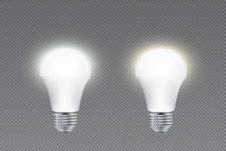 一套LED灯泡，具有冷暖光发光效果，隔离在简单的背景上
