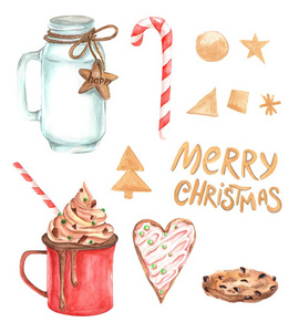 水彩圣诞插图与女孩姜饼圣诞老人和圣诞装饰品。 圣诞贺卡。 冬季设计。 圣诞快乐