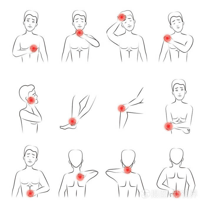 人痛苦集合的概要向量例证.线人感觉疼痛在不同的身体部位插画-正版商