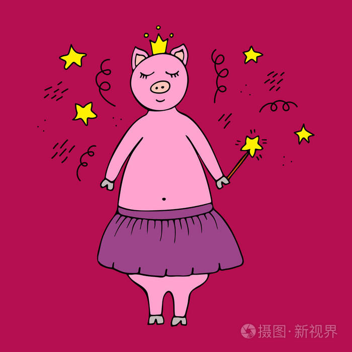 矢量手绘插图与猪仙女在皇冠和魔杖. 涂鸦.