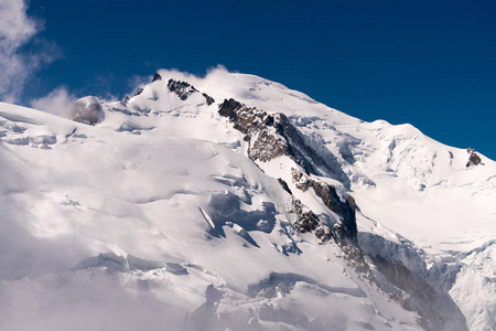 美丽的全景，美丽的勃朗峰，勃朗峰，阿尔卑斯山最高的山，欧洲最高的山，从法国查莫尼克斯高级萨沃伊