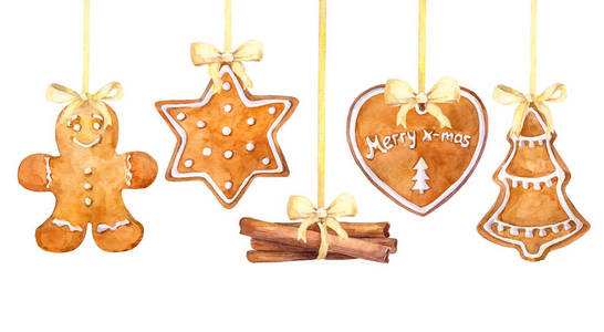 圣诞姜饼饼干和肉桂棒挂在白色背景上的边框。 水彩手绘插图。
